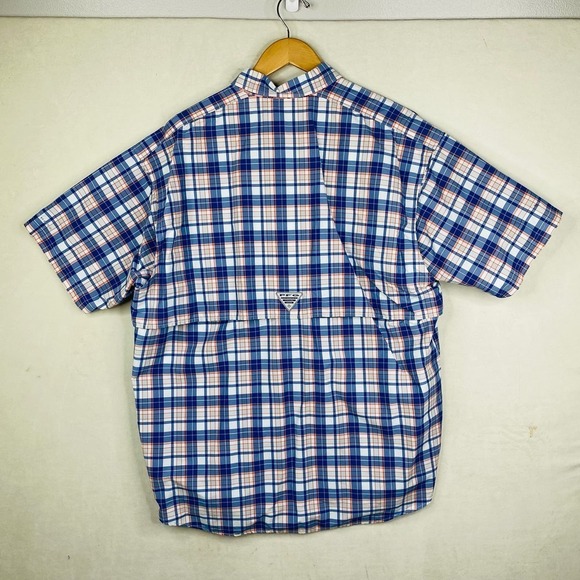 Columbia PFG Blue White Orange Plaid Print Short Sleeve Fishing Shirt Size Large - Picture 4 of 4